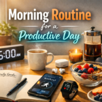Morning routine for a productive day with coffee, alarm clock, notebook, healthy breakfast, and workspace