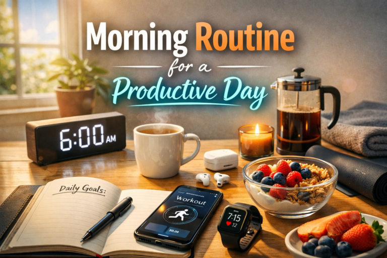 Morning routine for a productive day with coffee, alarm clock, notebook, healthy breakfast, and workspace
