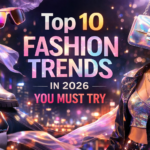 Modern fashion trends 2026 with holographic accessories, stylish outfit, sunglasses, and trendy footwear in a vibrant city background