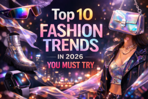 Modern fashion trends 2026 with holographic accessories, stylish outfit, sunglasses, and trendy footwear in a vibrant city background