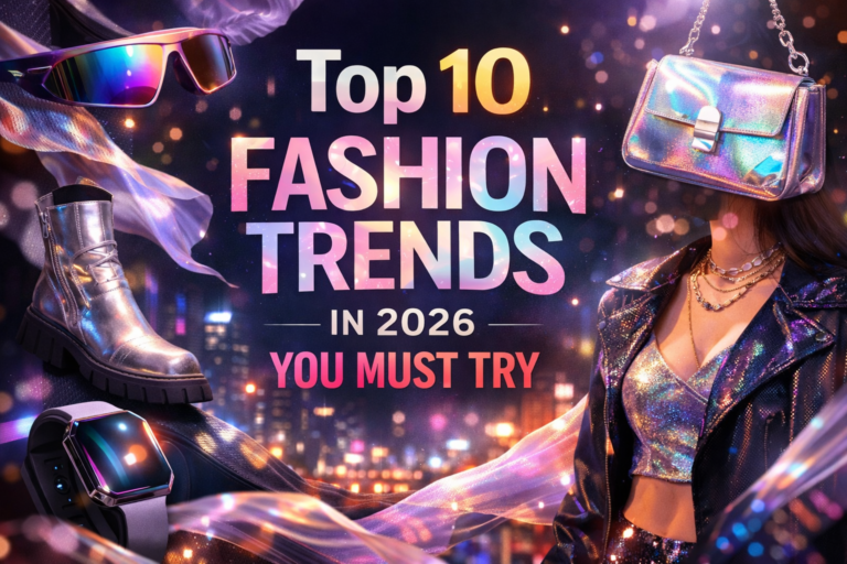Modern fashion trends 2026 with holographic accessories, stylish outfit, sunglasses, and trendy footwear in a vibrant city background