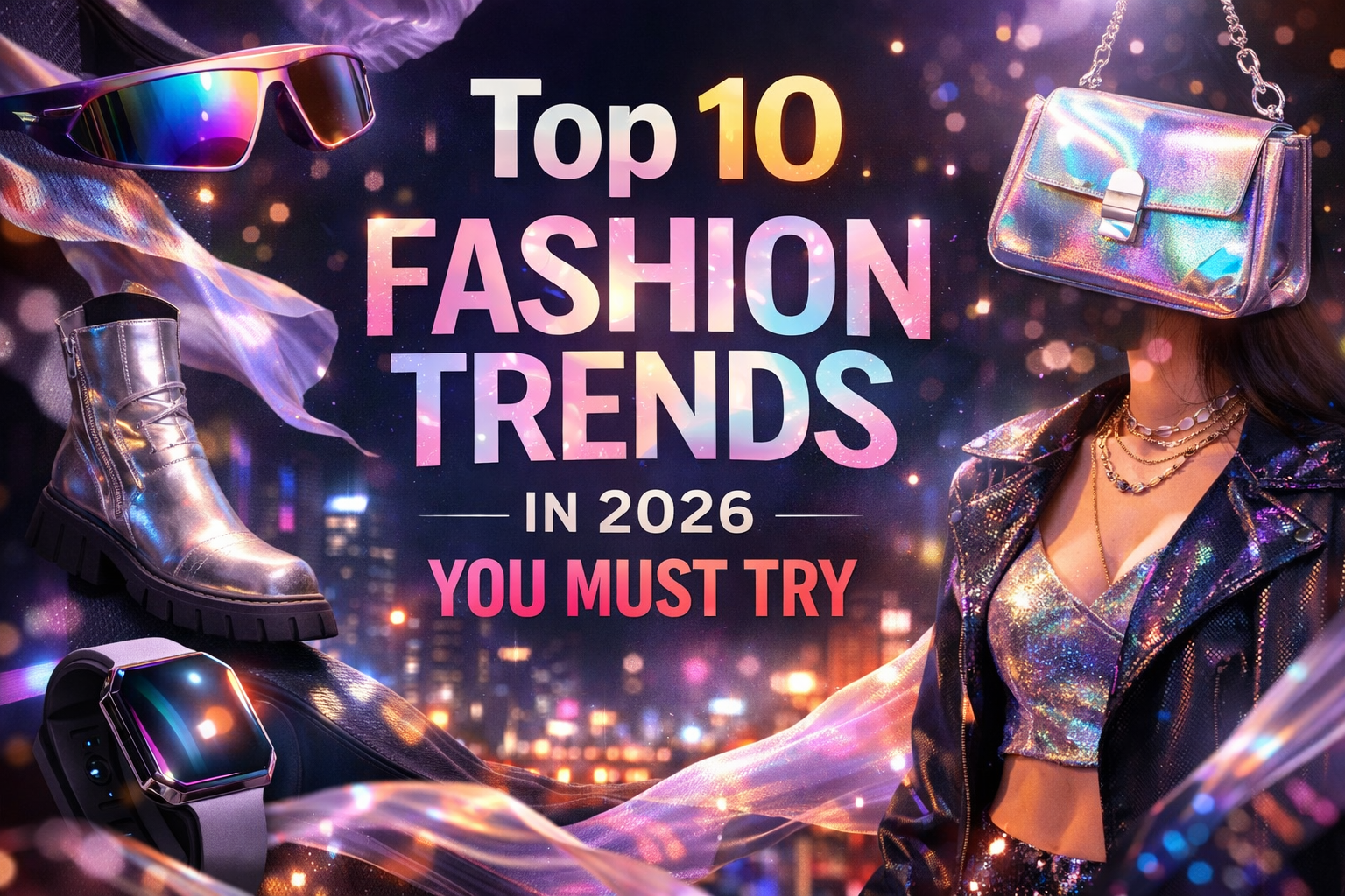 Modern fashion trends 2026 with holographic accessories, stylish outfit, sunglasses, and trendy footwear in a vibrant city background