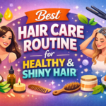 Illustration of women following a hair care routine with oil, mask, and styling tools for healthy and shiny hair