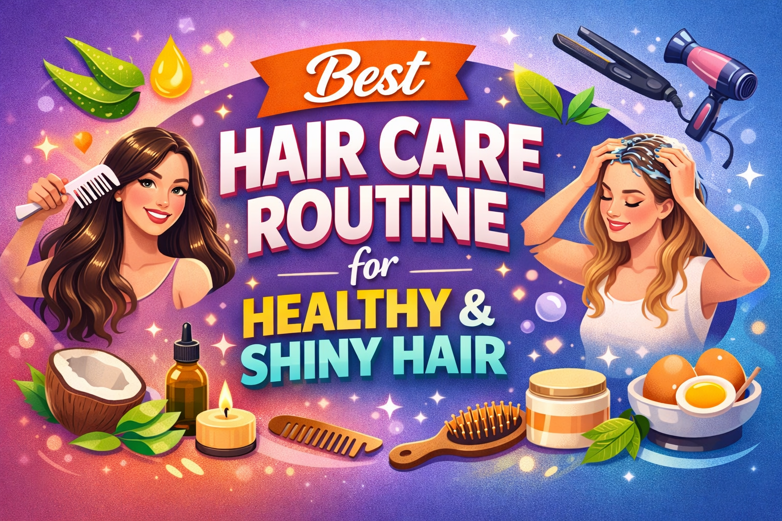 Illustration of women following a hair care routine with oil, mask, and styling tools for healthy and shiny hair